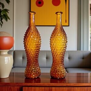 Pair MCM Empoli Amber Hobnail Genie Bottles-Italy 1960s-Art Glass-15'' Vase-Boho